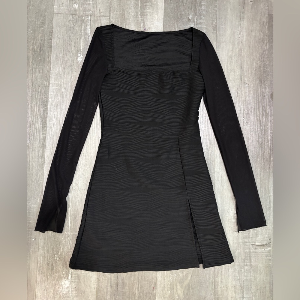 Black Long-Sleeve Squared Neck Mini Dress